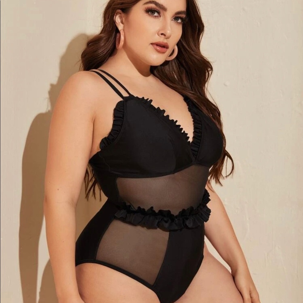 Ruffle One Piece Swimsuit in Black Mesh Patchwork - Picture 4 of 7